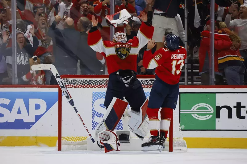 Image: Sergei Bobrovsky #72 and Sam Reinhart #13 of the Florida Panthers celebrate after their 2-1 victory against the Edmonton Oilers in Game Seven of the 2024 Stanley Cup Final at Amerant Bank Arena on June 24, 2024 in Sunrise, Florida