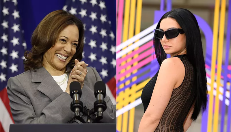 Image: Side by side photo of Charli XCX in sunglasses and Vice President Kamala Harris smiling wide and clasping her hands together
