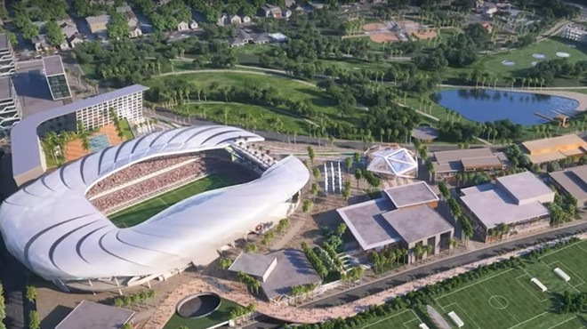 A CGI aerial view of Inter Miami's new soccer stadium
