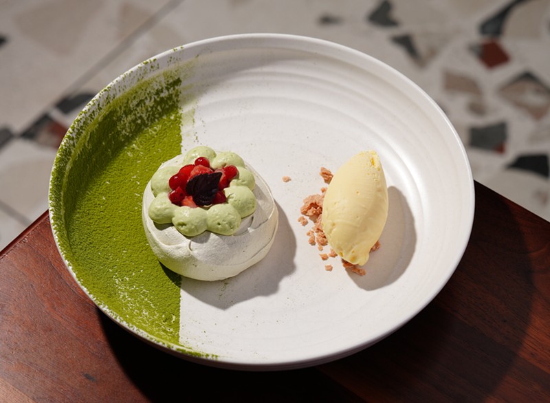 The green tea pavlova from the Collab is made of matcha chantilly, strawberries, and yuzu Ice cream.