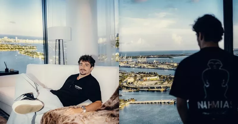 Image: Formula 1 driver Charles Leclerc poses for photos inside a luxury condo unit in Miami's Edgewater neighborhood.