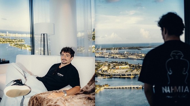 Formula 1 driver Charles Leclerc poses for photos inside a luxury condo unit in Miami's Edgewater neighborhood.