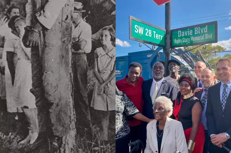 Image: Rubin Stacy was killed by a white mob in Fort Lauderdale in 1935 (left). The road near where it occurred was named after him (right) 87 years later.