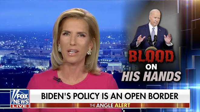 Fox News host Laura Ingraham, wearing a pink shirt, speaks to viewers on her show The Ingraham Angle.