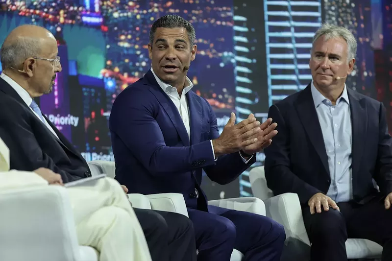 Image: (L-R) H.E. Khalid bin Abdulaziz Al-Falih, Minister of Investment, Ministry of Investment of Saudi Arabia; Mayor Francis Suarez of Miami; and Kenneth C. Griffin, Founder & CEO, Citadel, sit on a panel together during the second day of the FII PRIORITY Summit held at the Faena Hotel on February 20, 2025, in Miami Beach