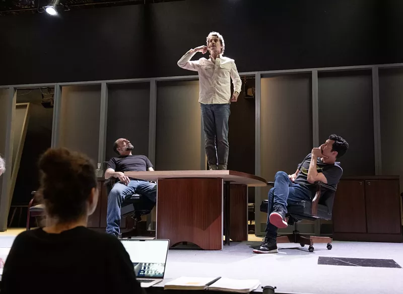 Image: James Zannelli, Mark H. Dold, and Brandon Morris rehearsing The Lehman Trilogy