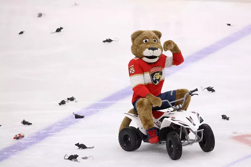 Image: Florida Panthers mascot Stanley C. Panther drives his four-wheeler on the ice as he celebrates a 3-2 overtime victory against the New York Rangers at Amerant Bank Arena on May 28, 2024.