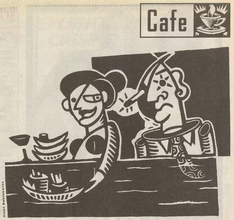 Image: abstract black and white illustration of two people and a "sushi boat"