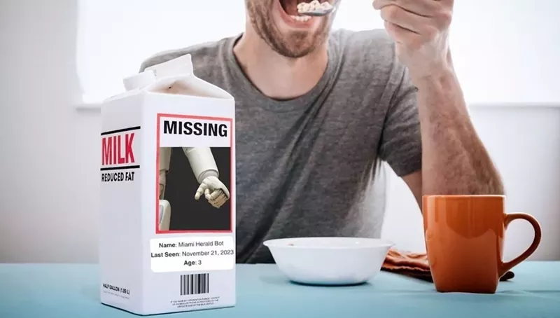 Image: A robot's photo on a missing child milk carton alongside the words "Miami Herald Bot"
