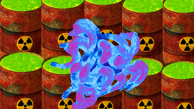 A photoshopped image of neon shrimp and radioactive bins