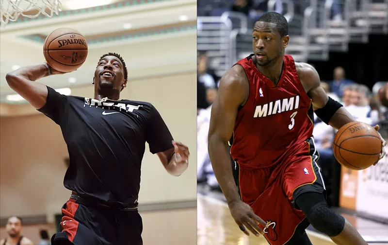Image: side by side color photos of Bam Adebayo and Dwyane Wade