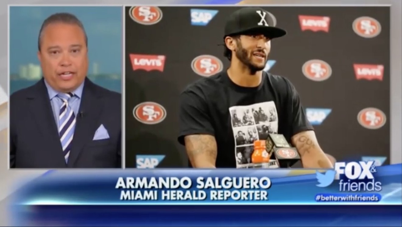 Miami Herald sports columnist Armando Salguero and then-San Francisco 49ers quarterback Colin Kaepernick, making news in 2016.