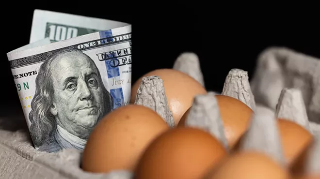 color stock photo of a cardboard carton of brown eggs with a $100 bill tucked into one slot