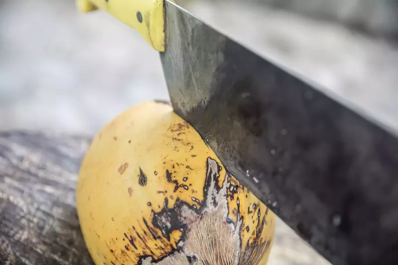 Image: A machete stuck in a ready-to-eat coconut