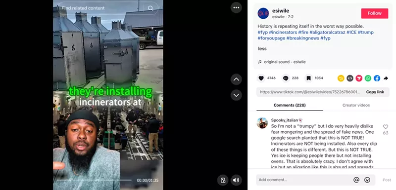 Image: Screenshot of TikTok video showing man claiming there are incinerators at Alligator Alcatraz.