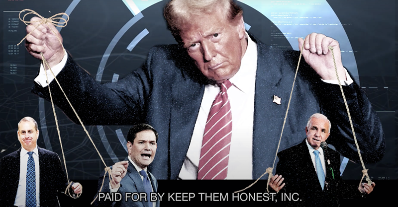 Image: An illustration of Donald Trump pulling politicians on a string as if they are puppets.