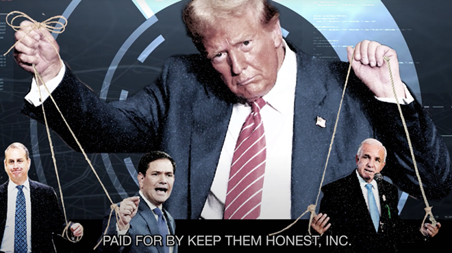 An illustration of Donald Trump pulling politicians on a string as if they are puppets.