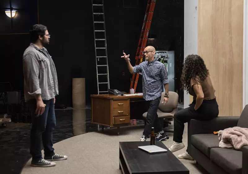 Image: Director Teo Castellanos works with actors Alex Alvarez and Alexandra Acosta during a Fade rehearsal
