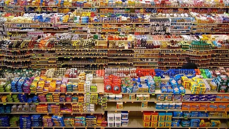 Image: Groceries sit on aisles of a store.