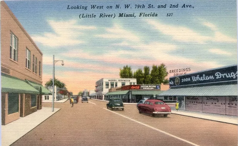 Image: textured, colored vintage postcard captioned "Looking West on N. W. 79th St. and 2nd Ave., (Little River) Miami, Florida" and showing Whelan Drugs, Hotel Reynold, etc.