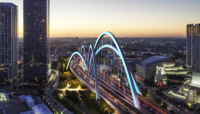 Image: Conceptual image of towering arches over a downtown Miami highway, part of the Signature Bridge project