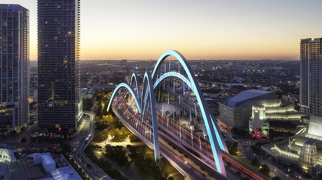 Conceptual image of towering arches over a downtown Miami highway, part of the Signature Bridge project