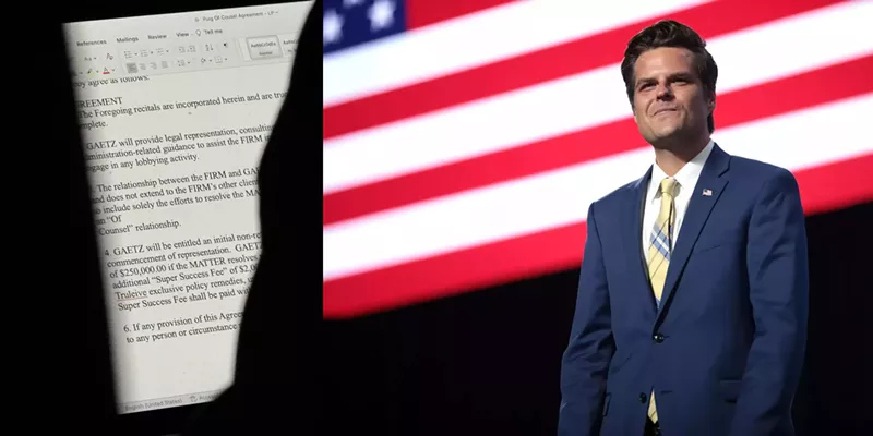 Image: Matt Gaetz's laptop screen with a contract agreement up. Photo on right of Matt Gaetz standing in front of American flag
