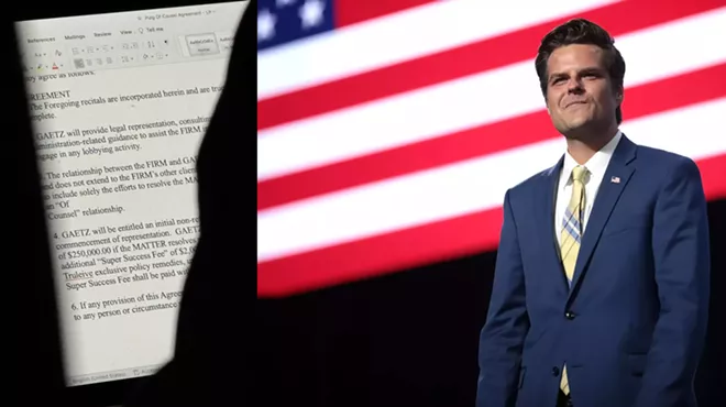 Matt Gaetz's laptop screen with a contract agreement up. Photo on right of Matt Gaetz standing in front of American flag