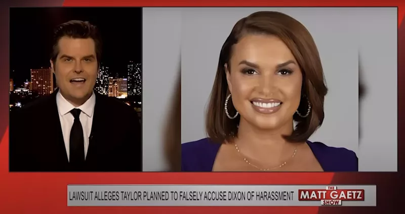Image: Matt Gaetz speaks on his show with a still image of Joy Taylor next to him