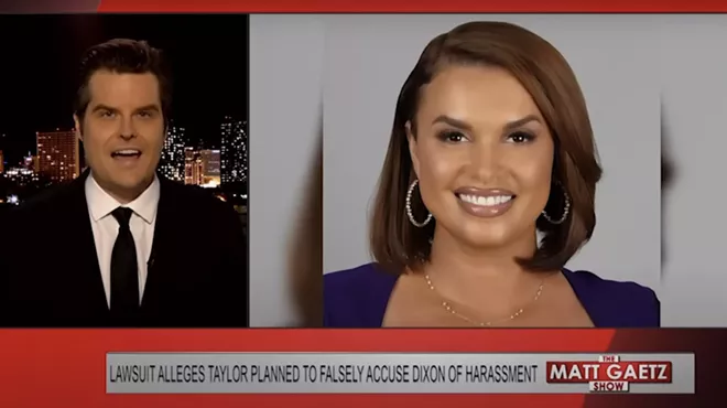 Matt Gaetz speaks on his show with a still image of Joy Taylor next to him