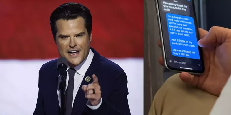 Image: A collage of Matt Gaetz speaking on the left, a screenshot of Matt Gaetz's text to his mom