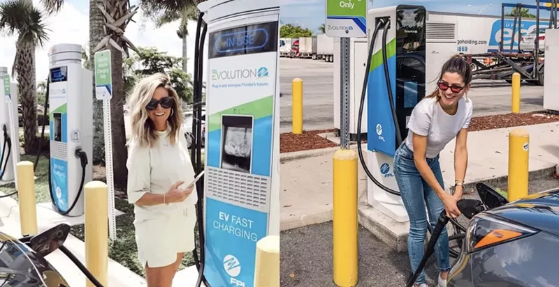 Image: Instagram influencers Mandy Cox (left) and Alexandra Klumpp (right) pose with FPL's new electric vehicle charging stations.