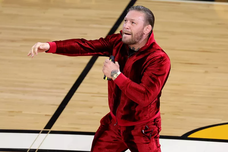 Image: Conor McGregor on the court during a timeout in Game 4 of the 2023 NBA Finals June 9, 2023 in Miami, Florida.