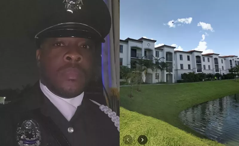 Image: A photo collage of former Opa-locka officer Carlo Alexandre and MiLa Apartments in Miami.