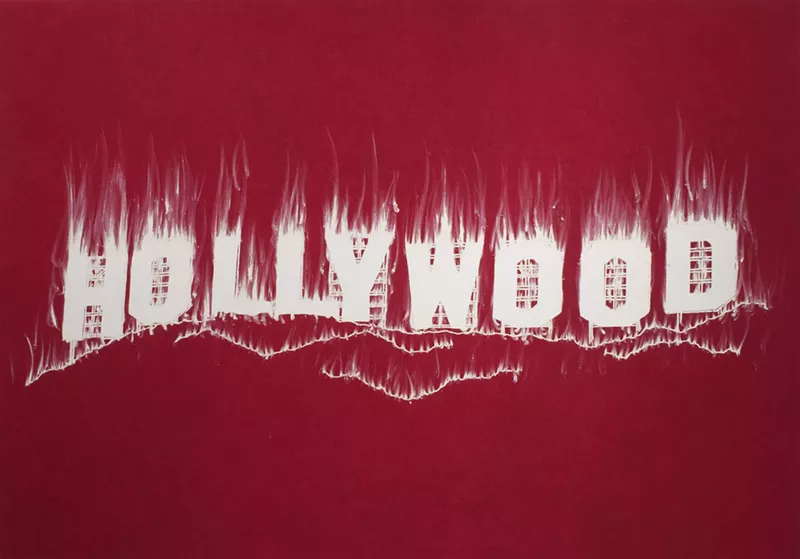 Image: Artwork by Gary Simmons with the word Hollywood in white letters on a red background