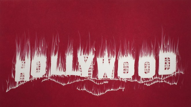 Artwork by Gary Simmons with the word Hollywood in white letters on a red background