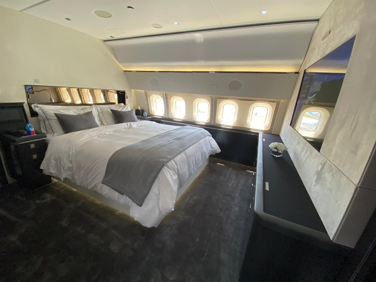 A queen-size bed in the plane's master bedroom