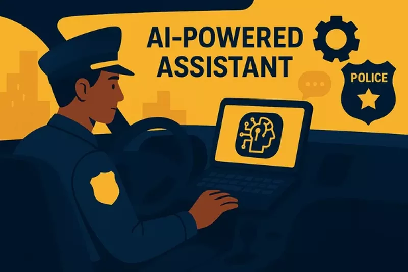 Image: Illustration of an officer on a computer with lettering that reads, "AI-powered assistant"