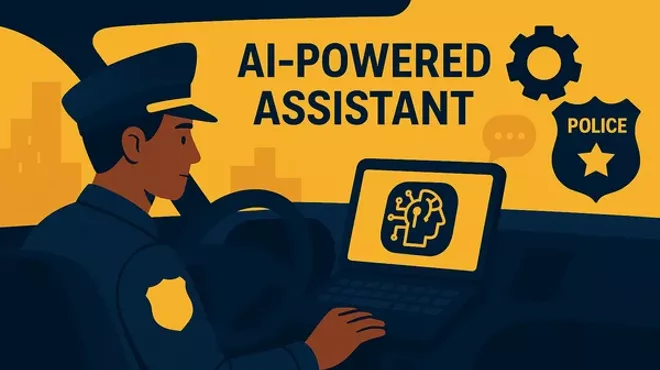 Illustration of an officer on a computer with lettering that reads, "AI-powered assistant"