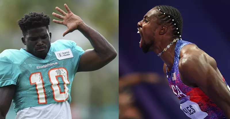 Image: Split photos of Tyreek Hill, lifting his arm in Dolphins uniform, with no helmet on; Olympic track-and-field star Noah Lyles yelling on the track