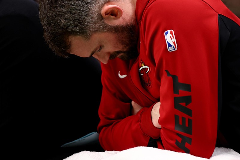 Kevin Love of the Miami Heat on the bench during the second quarter of Game 5 in the Heat's series against the Boston Celtics on May 01, 2024.