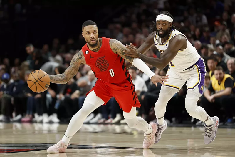 Image: Damian Lillard of the Portland Trail Blazers taking care of business against the Los Angeles Lakers on January 22, 2023 at the Moda Center in Portland.