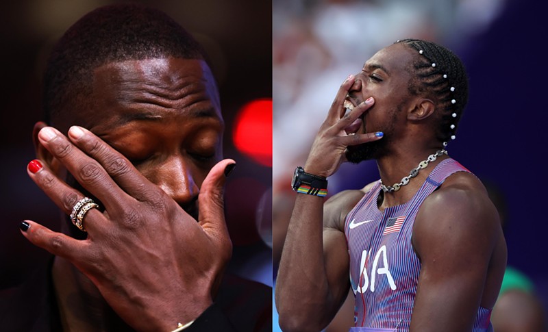 Former Miami Heat player Dwyane Wade reacts during a Hall of Fame induction ceremony at the Kaseya Center on January 14, 2024 in Miami; Noah Lyles of Team United States during the Men's 100m Semi-Final on August 4, 2024 in Paris, France