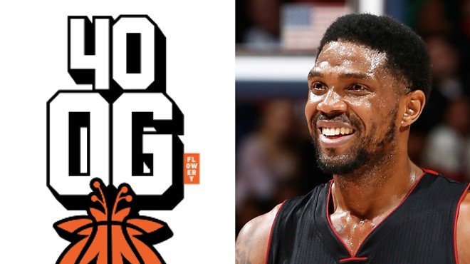 The left side of the photo features a logo of an orange basketball in the shape of a weed leaf. The right side features a smiling Udonis Haslem in his Miami Heat jersey.