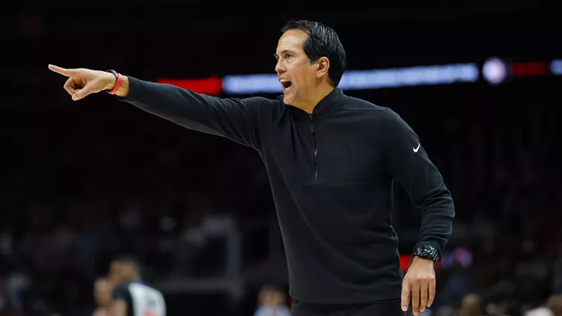 Image: Head coach Erik Spoelstra of the Miami Heat reacts during the third quarter of a game against the Atlanta Hawks at State Farm Arena on February 24, 2025 in Atlanta, Georgia.