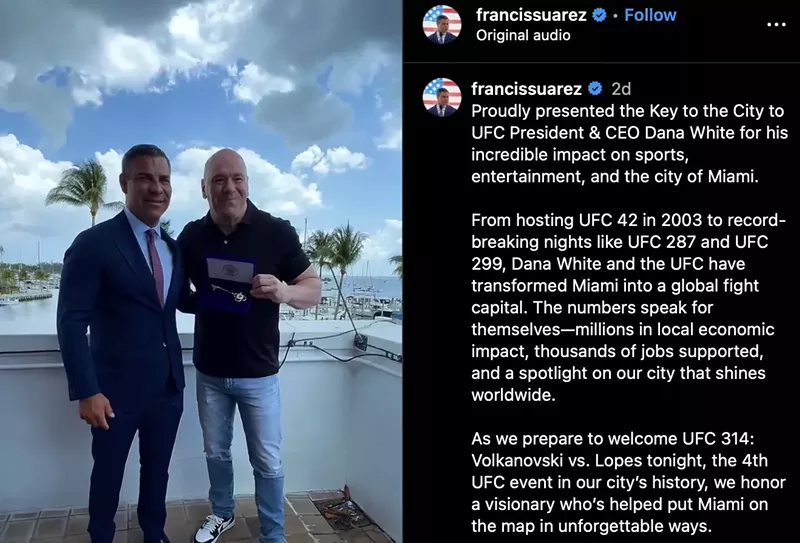 Image: Screenshot from Instagram. Francis Suarez poses with Dana White, who holds a key to the City of Miami.