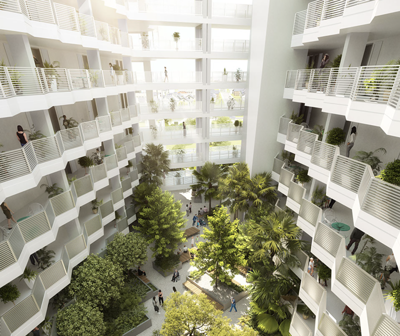 A rendering of the indoor courtyard at the Little River Plaza, an apartment building with "micro-units."
