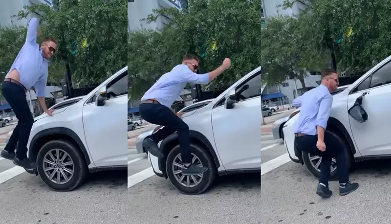 Image: three screenshots of a Florida man karate-chopping the driver's-side mirror off a woman's car on a city street
