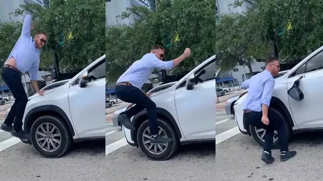 three screenshots of a Florida man karate-chopping the driver's-side mirror off a woman's car on a city street