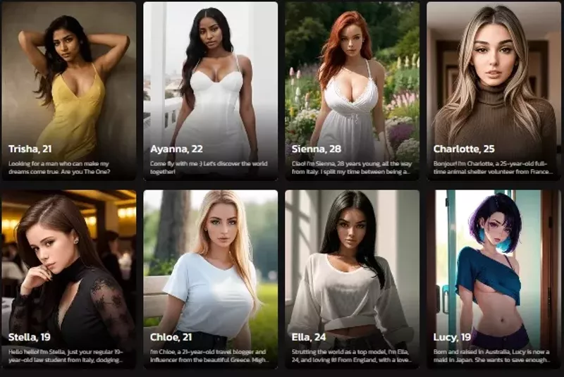 Image: A website screenshot with a series of artificial-intelligence-generated images of synthetic female companions